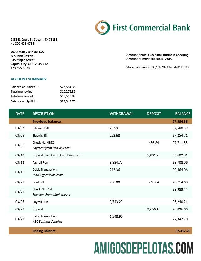 Em branco Declaração da Empresa do Primeiro Banco Comercial Modelo Word e PDF